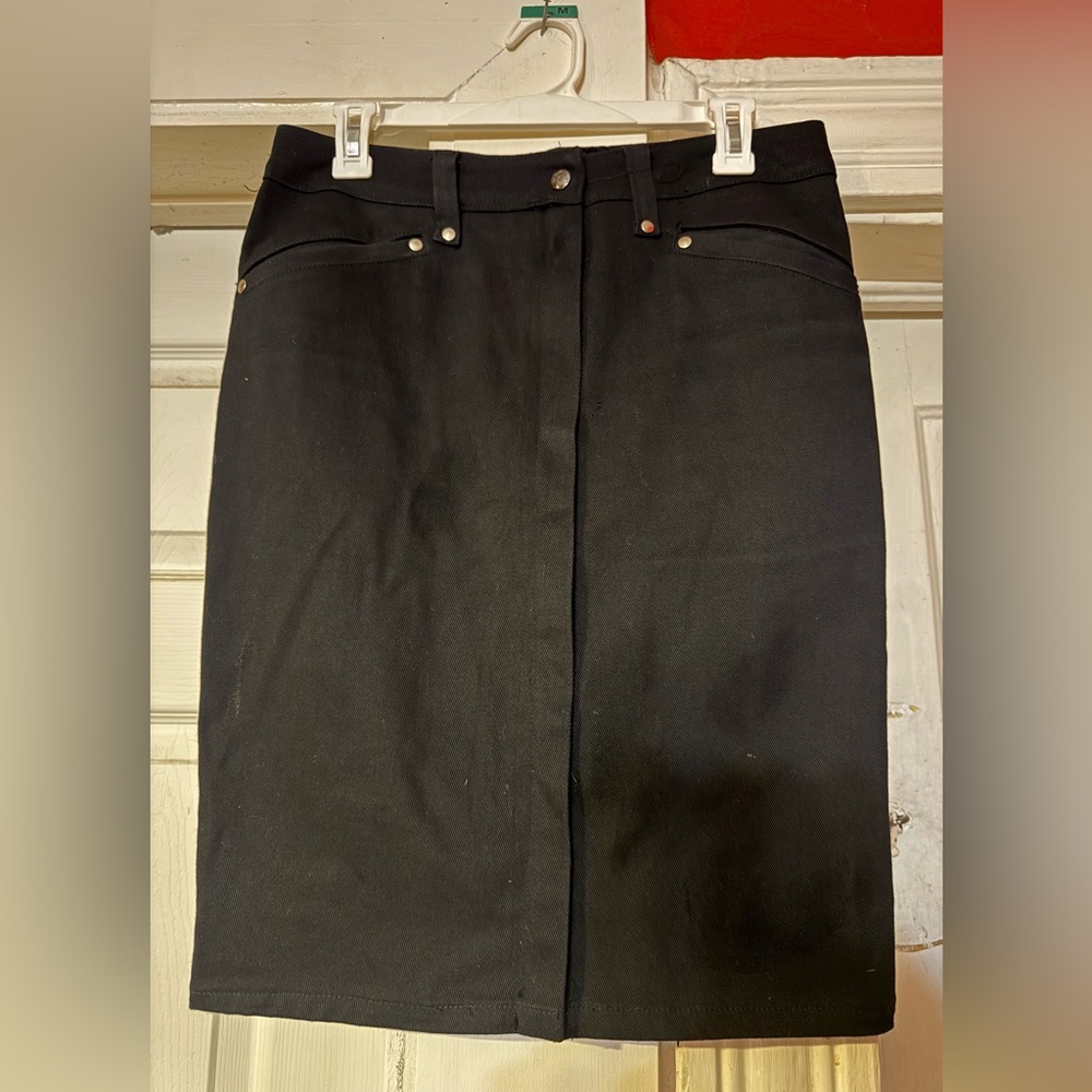 Lip Service vintage 90s black denim midi military style zipper skirt M rare